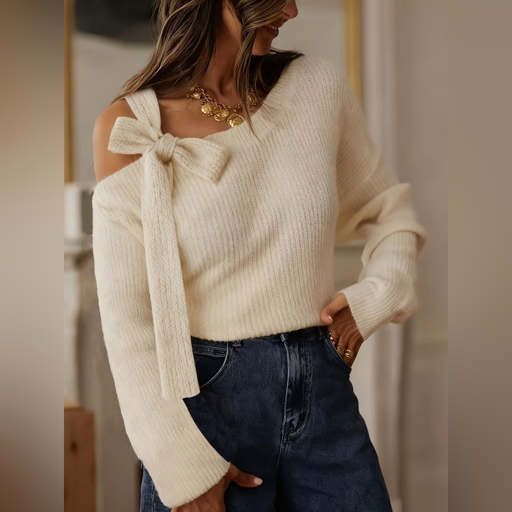 Bow-Accent One-Shoulder Sweater